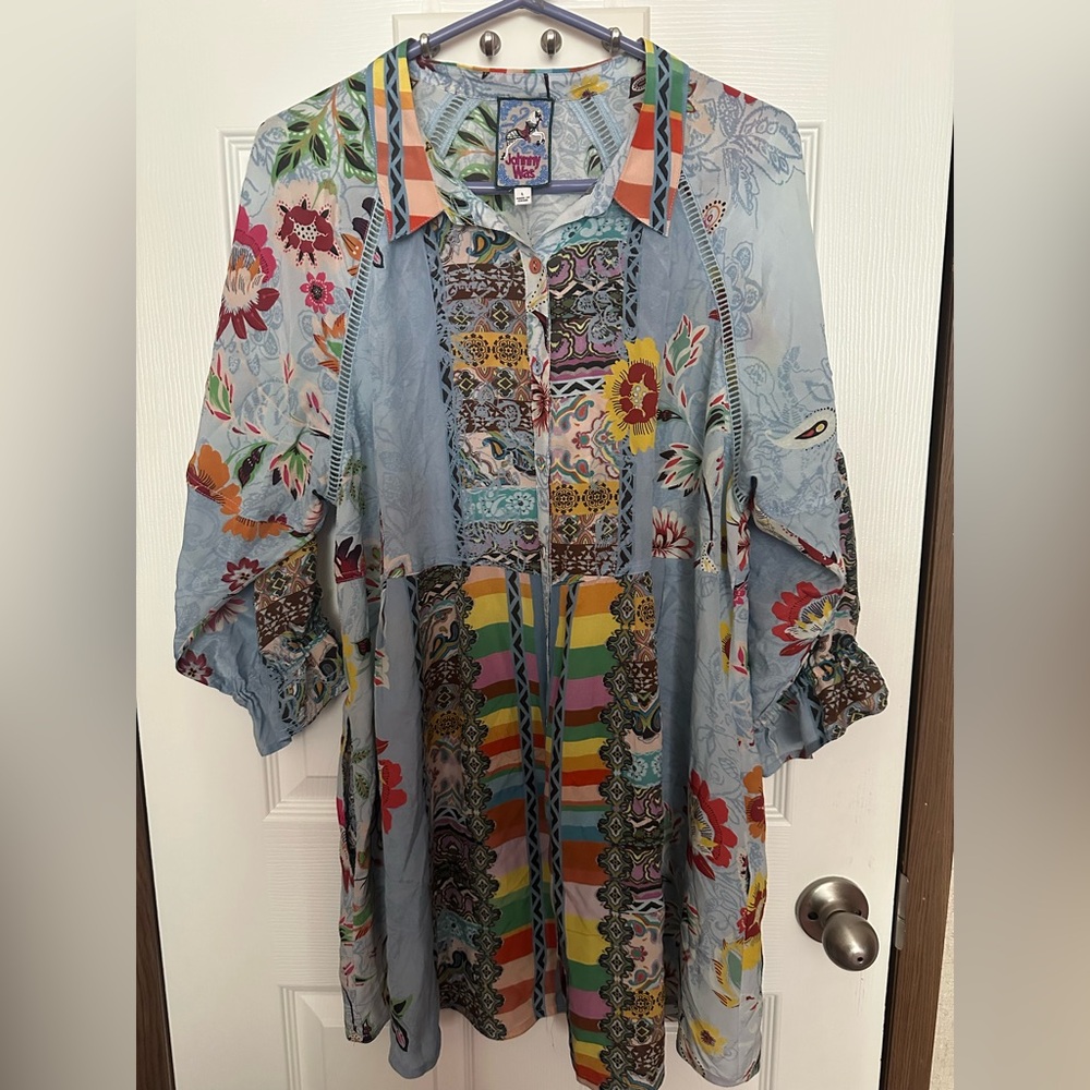 Johnny Was Vibrant Floral and Stripe Blouse